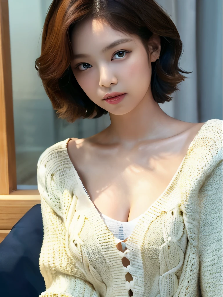 best qualtiy，tmasterpiece，超A high resolution，（realisticlying：1.4），
1girll，Short curly hair，Rich in detail， shoulder，cleavage，Knitwear， Deep shading， messy room， sit pose， Sitting on an object，