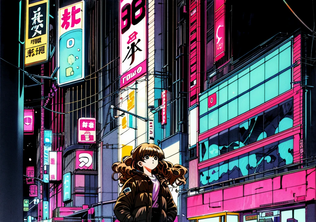 Taiga Aisaka standing on the street in Tokyo, (night), winter, (neon lights), VHS, vintage, manga style, snow, black background, (bangs), wavy hair, glitch art, light brown hair, 90's, 1girl