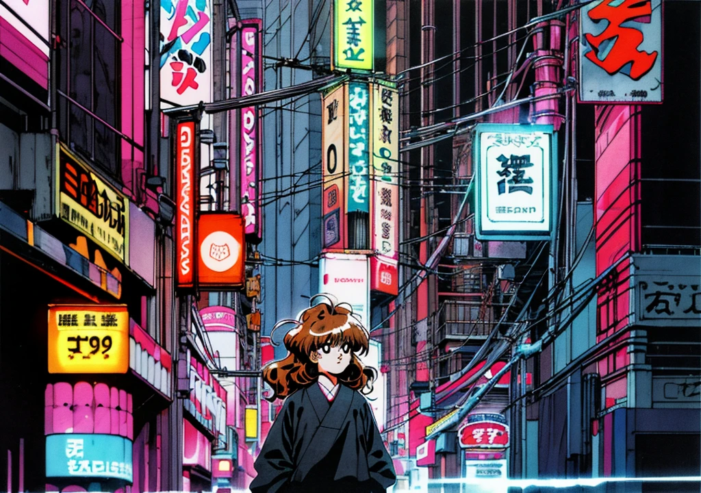 Taiga Aisaka standing on the street in Tokyo, (night), winter, (neon lights), VHS, vintage, manga style, snow, black background, (bangs), wavy hair, glitch art, light brown hair, 90's, 1girl