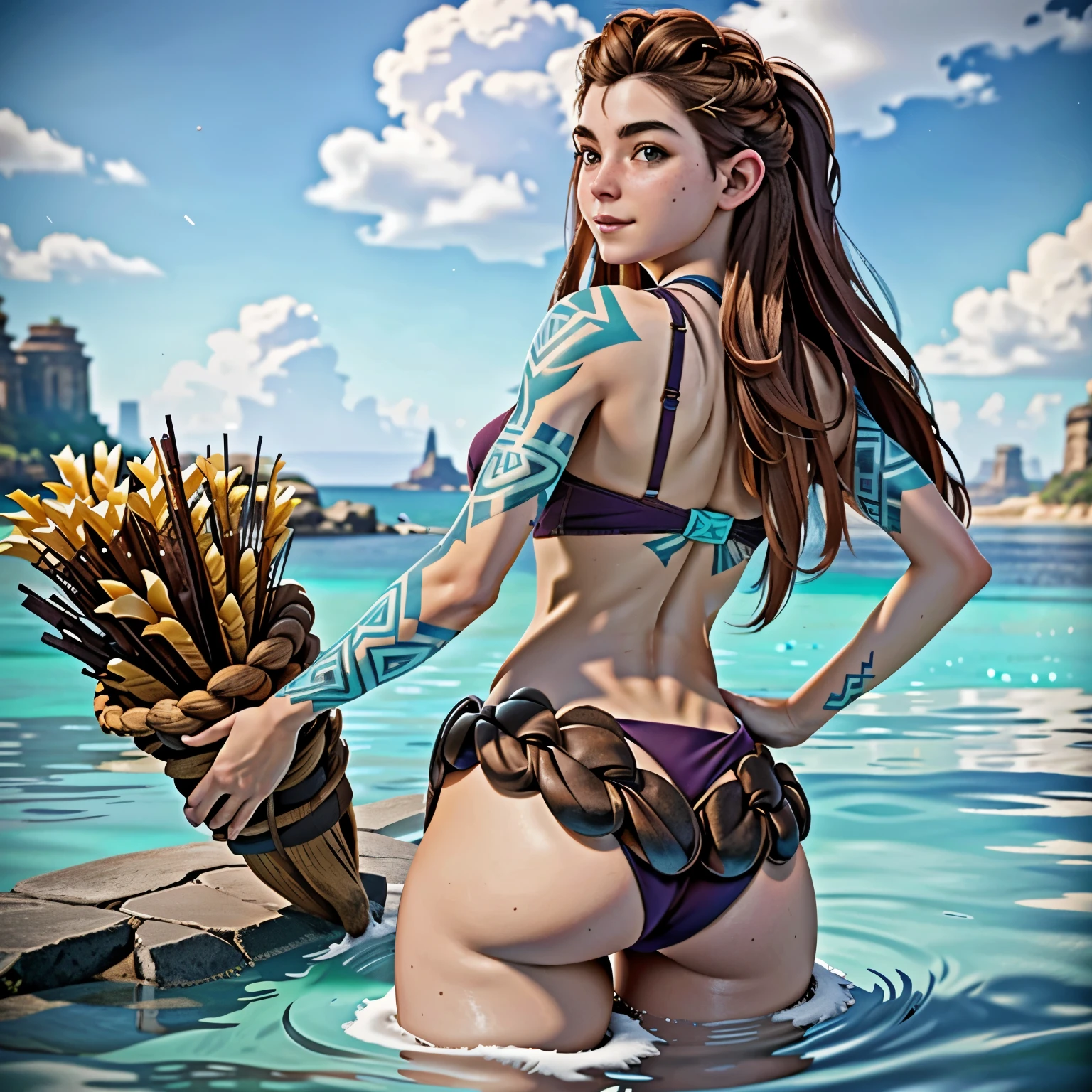 (masterpiece, best quality) 1girl, AloyHorizon, solo, long hair, smile, brown hair, hair ornament, navel, brown eyes, braid, outdoors, parted lips, sky, day, midriff,cloud, red hair, water, from behind, blue sky, lips, looking to the side, tattoo, ocean, looking away, thick eyebrows, hem, rope, freckles, realistic, nose, dreadlocks, ::big ass, sexy girl, bikini, her back is turned, hot ass, ::biquini, big sexy ass, your ass is seen from below, ::small bikini, big ass, sexy pose, thin waist, skinny girl, ::your ass is seen from below, bottom view, blue tatto, blue bikini