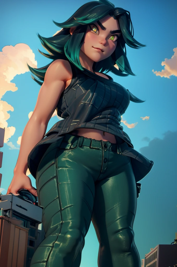 3d, godzilla chan, long hair, reptile tail, giantess, towering over a city, massive breasts, green short hair, golden eyes, on a street, massive oversized breast, tank top
