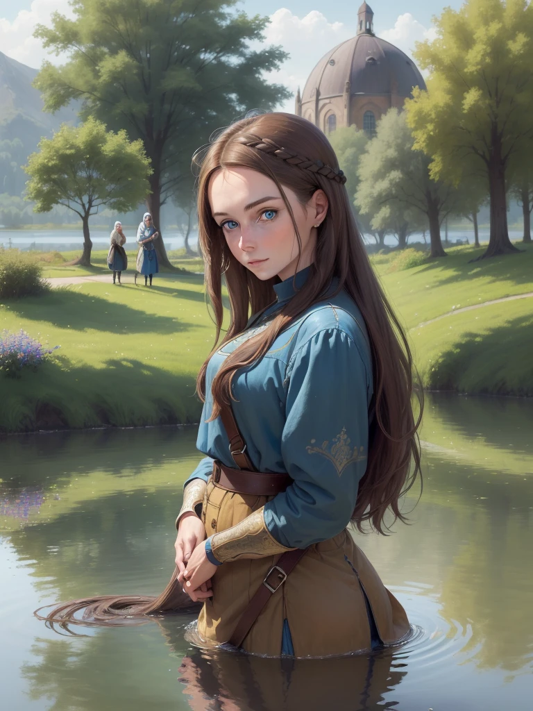 ((best qualityer)), ((work of art)),1womanl, Linda,brownhair, blue eyes of the middle ages seeing their reflection in a lake, ((looking at the lake)).