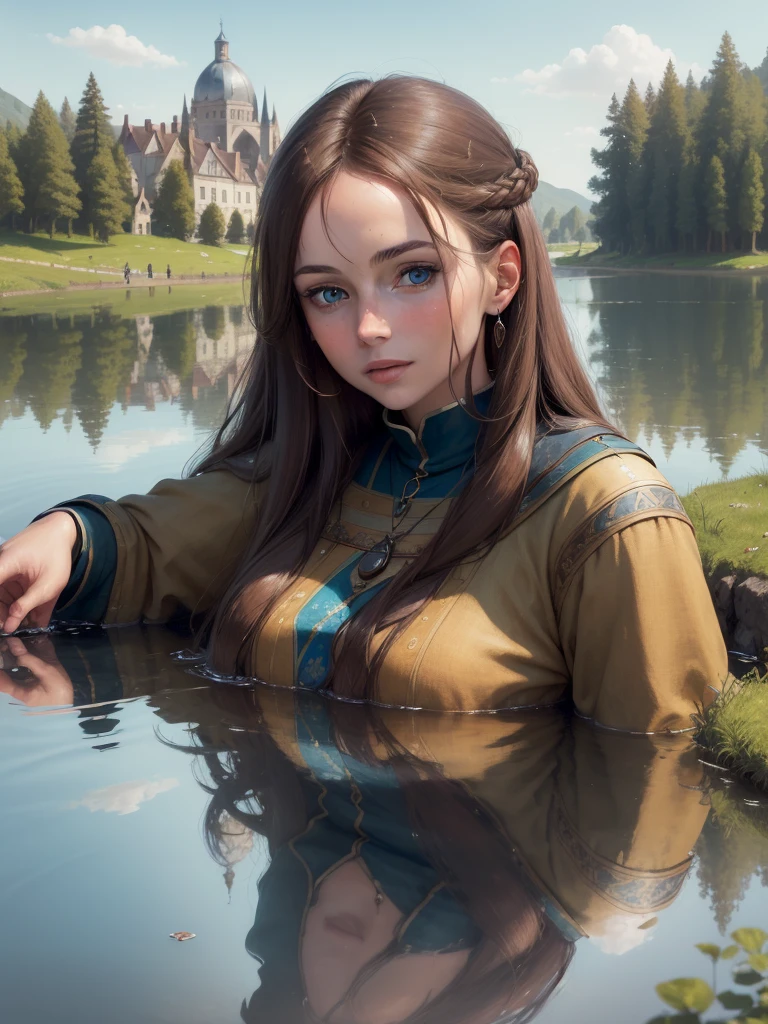 ((best qualityer)), ((work of art)),1womanl, Linda,brownhair, blue eyes of the middle ages seeing their reflection in a lake, ((looking at the lake)).