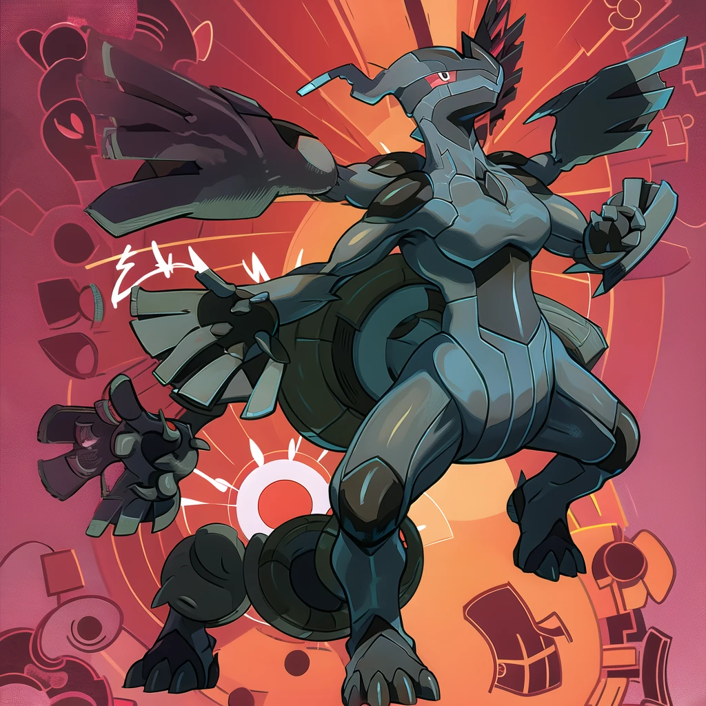 zekrom, solo, closed mouth, smile, red background, full body, standing, outstretched arms