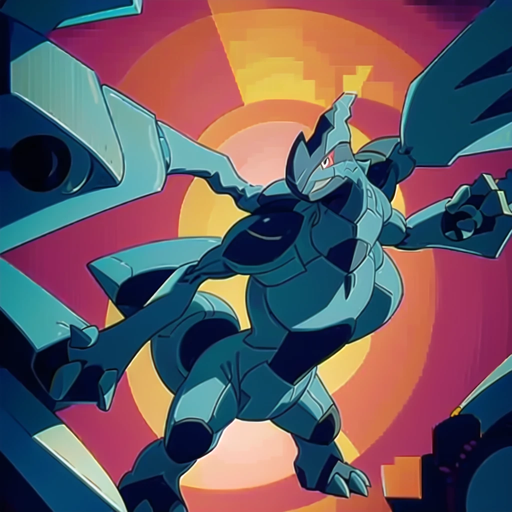 zekrom, solo, closed mouth, smile, red background, full body, standing, outstretched arms