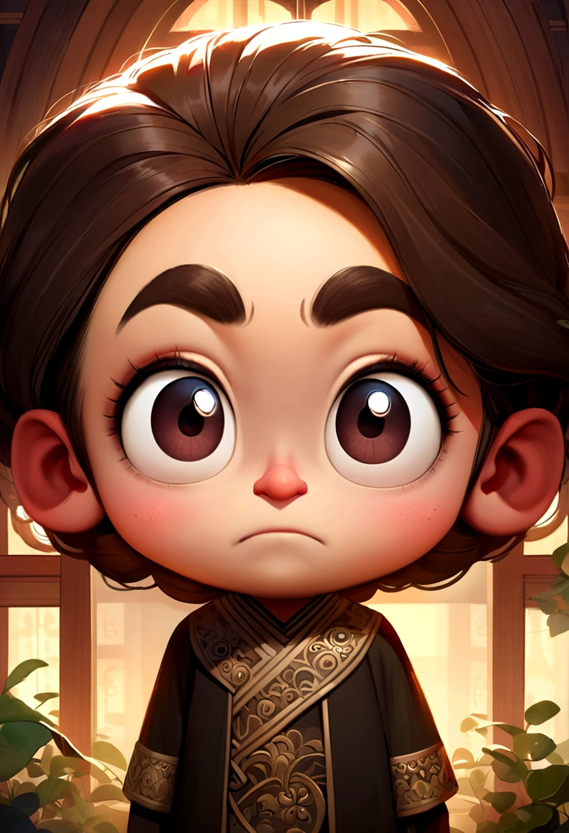 （Pixar-style),A Chinese，long dark brown hair, dark eyes slightly slanted Korean style, round face, dark brown eyebrows and closed mouth