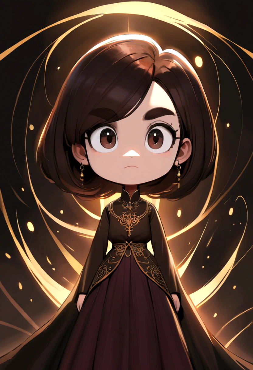 (Pixar-style),A Chinese,long dark brown hair, dark eyes slightly slanted Korean style, round face, dark brown eyebrows and closed mouth