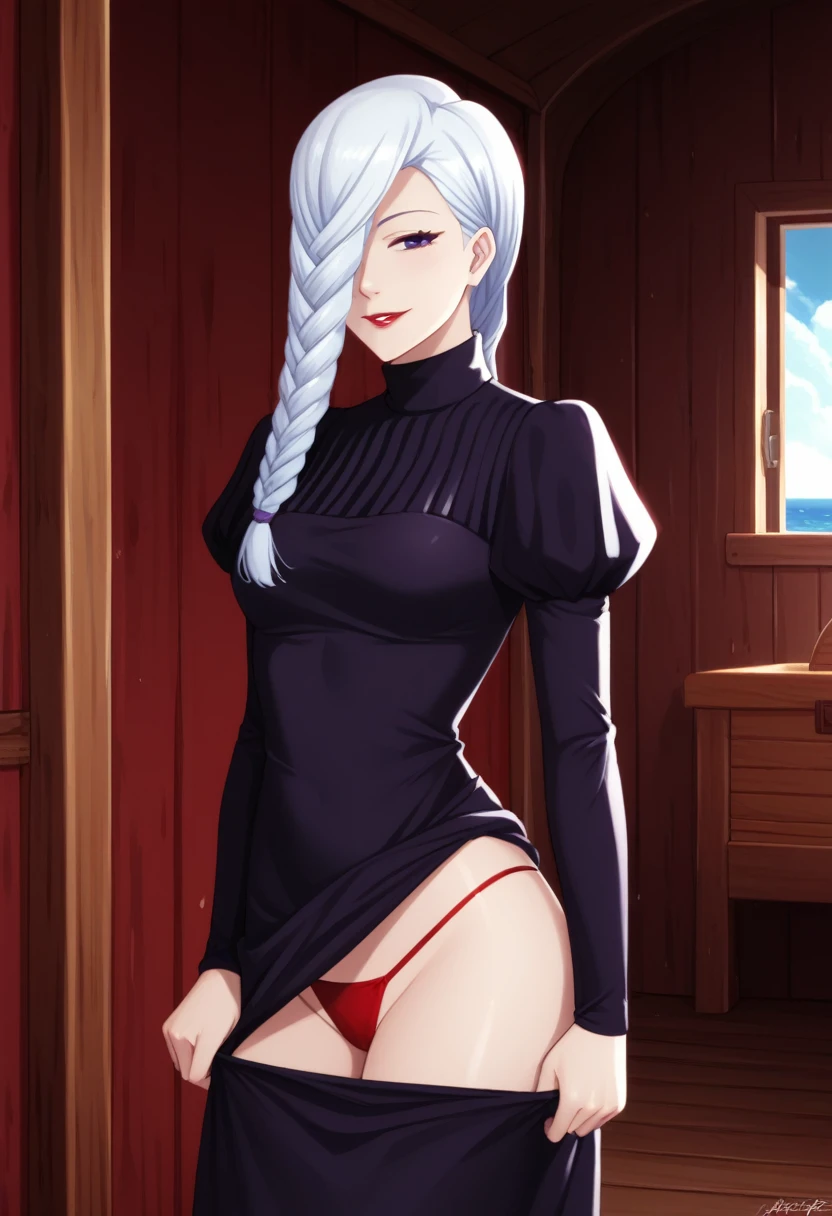 score_9_up, score_8_up, score_7_up, 1girl, solo, mature female, mei mei, looking at viewer, white hair, braid, hair over one eye, half closed eye, braided ponytail, braided bangs, purple eye, red lips, parted lips, naughty smile, long sleeves, dress, puffy sleeves, black dress, juliet sleeves, turtleneck dress,((yacht cabin)), night time, standing tall in seductive pose, (((pulled up her dress and showing her red thong))), showing red thong under her dress(((dress up))), (((from bottom)))(((red thong under her dress)))