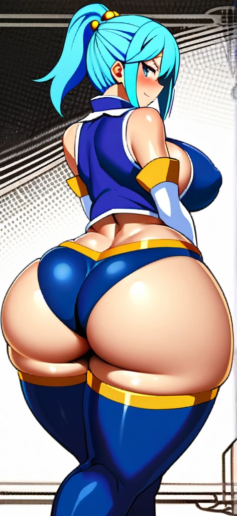 anime girl aqua from konosuba ,busty with thick thighs and big ass bigger than thighs and head and body , ass view, hyper ass with long hair , blue skirt panites shown