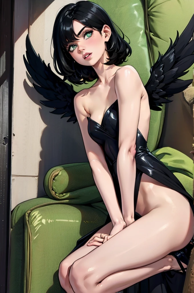 angel woman with white skin, green eyes, short shoulder-length black hair, black angel wings, wearing a beautiful black dress
