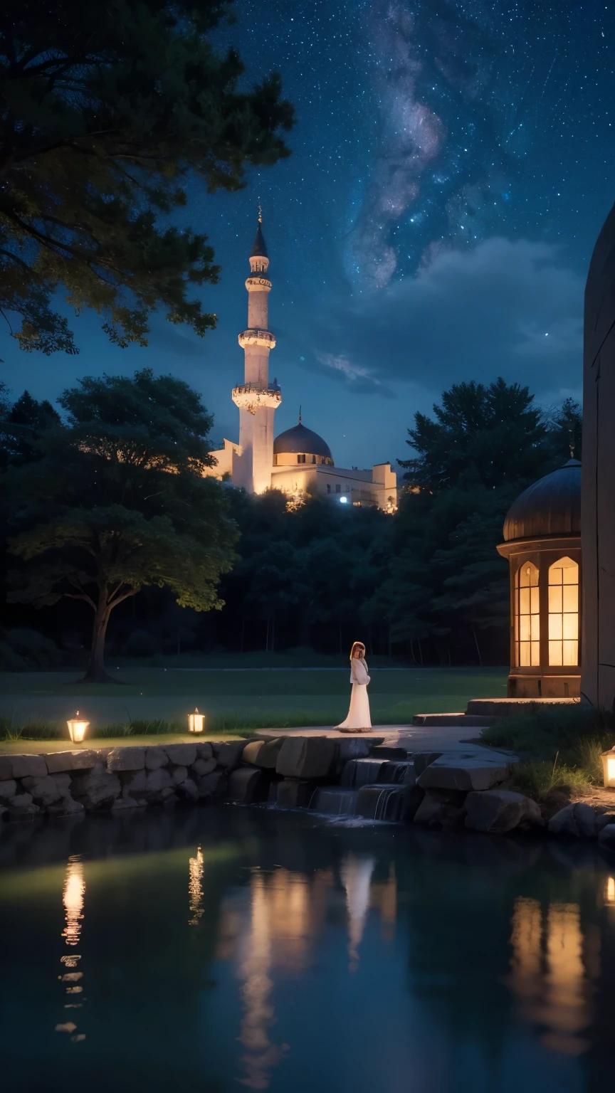 mosque, beautiful, exterior, trees, sexy girl, river, night, (((stars in sky)))
