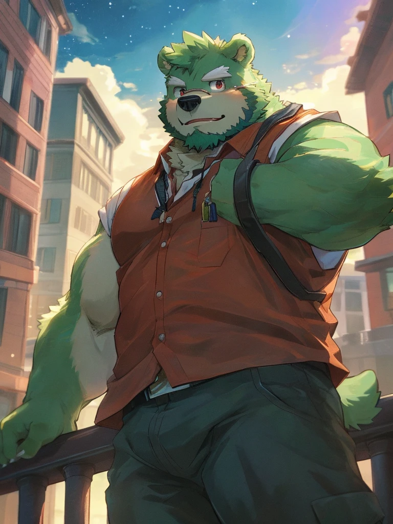 bara, furry, furry_male,male focus,muscular male, anthro, kemono, male, solo, (((green bear))), (((green fur))), green hair, red eyes, beard, white eyebrows, 1boy, solo,looking at viewer, jinpei,
 daily outfit,informal clothes,
detail background, sky, scenery, cloud, building, outdoors, railing, star (sky), city, cloudy sky, from below, blurry, starry sky, standing, wide shot, sunlight, depth of field, 