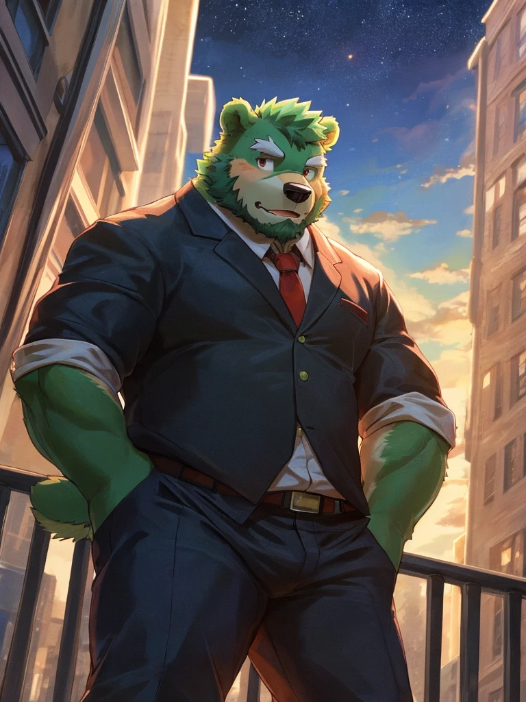 bara, furry, furry_male,male focus,muscular male, anthro, kemono, male, solo, (((green bear))), (((green fur))), green hair, red eyes, beard, white eyebrows, 1boy, solo,looking at viewer, jinpei,
daily outfit,informal clothes,
detail background, sky, scenery, cloud, building, outdoors, railing, star (sky), city, cloudy sky, from below, blurry, starry sky, standing, wide shot, sunlight, depth of field,