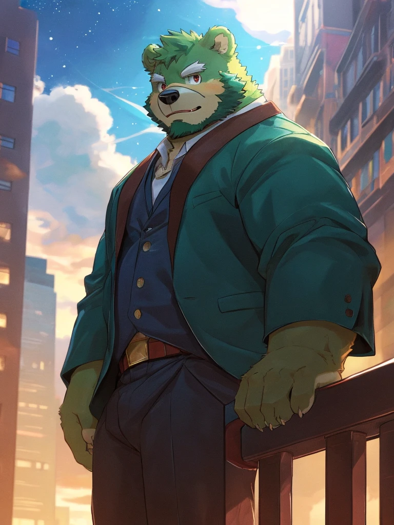 bara, furry, furry_male,male focus,muscular male, anthro, kemono, male, solo, (((green bear))), (((green fur))), green hair, red eyes, beard, white eyebrows, 1boy, solo,looking at viewer, jinpei,
 daily outfit,informal clothes,
detail background, sky, scenery, cloud, building, outdoors, railing, star (sky), city, cloudy sky, from below, blurry, starry sky, standing, wide shot, sunlight, depth of field, 