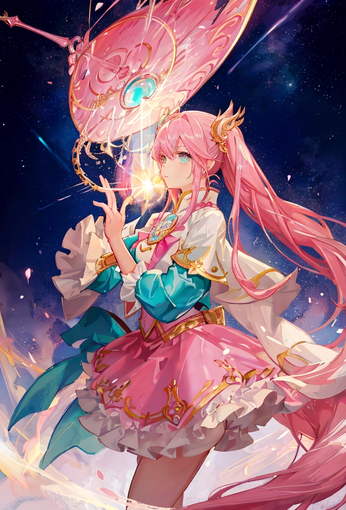 Masterpiece, high quality, 1 girl, pink and turquoise hair, long with a pigtail, gold eyes. With magical girl clothes using her powers in a battl.