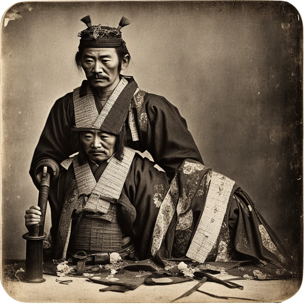 Award-winning 19th century vintage photograph of an Edo period samurai. aged photo. grainy photo. some damage to photostock.