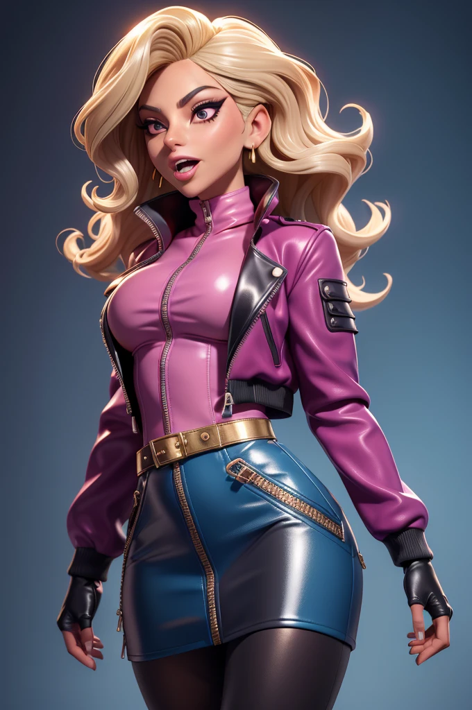 obra prima, melhor qualidade, ((only one woman,)) ((lady gaga, tan skin, wavy bob hair, open mouth,)) head back, (sassy wicked sultry sneer, big teeth smile,) open mouth, pucker mouth, sunglasses, thick smoky black eye shadow, long fake eyelashes, sticking tongue out, ((magenta leather jacket with puff shoulder,)) biker jacket has stiff collar, leather blouse, ((gold silver leather sweater dress, metallic leather sun dress, leather culottes,)) periwinkle blazer length leather coat, ((cerulean blue pvc skirt, pockets, zipper side,)) studs zippers snaps, shiny leather gloves, nip slip, body is skinny, shiny tight buttocks, arched back, camera view of whole body, looking up at me, shallow depth of field, highres, HD, 8k, anatomically correct