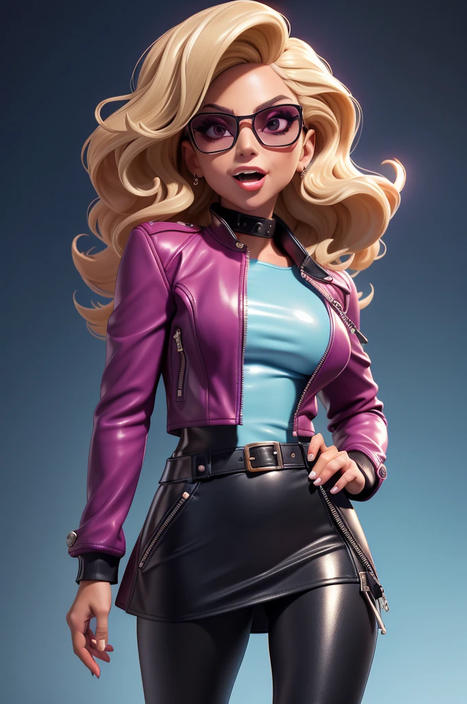obra prima, melhor qualidade, ((only one woman,)) ((lady gaga, tan skin, wavy bob hair, open mouth,)) head back, (sassy wicked sultry sneer, big teeth smile,) open mouth, pucker mouth, sunglasses, thick smoky black eye shadow, long fake eyelashes, sticking tongue out, ((magenta leather jacket with puff shoulder,)) biker jacket has stiff collar, leather blouse, ((gold silver leather sweater dress, metallic leather sun dress, leather culottes,)) periwinkle blazer length leather coat, ((cerulean blue pvc skirt, pockets, zipper side,)) studs zippers snaps, shiny leather gloves, nip slip, body is skinny, shiny tight buttocks, arched back, camera view of whole body, looking up at me, shallow depth of field, highres, HD, 8k, anatomically correct