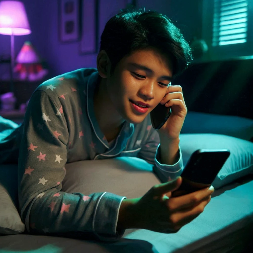 a 20 year old Indonesian girl was holding her chin while making a phone call on the bed , wearing pajamas to sleep, The background of the dark room is illuminated by the light of a bedroom lamp and the LED light glowing blue and pink 