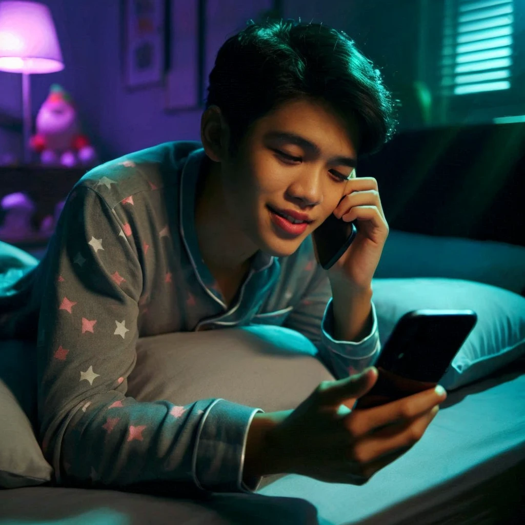 a 20 year old Indonesian girl was holding her chin while making a phone call on the bed , wearing pajamas to sleep, The background of the dark room is illuminated by the light of a bedroom lamp and the LED light glowing blue and pink