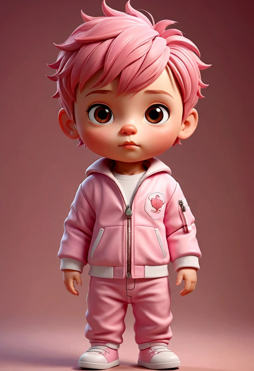 Simple and simple cartoon style,create a vibrant、Cute little boy in soft pink.( perfect anatomy ) Clean and simple cartoon style, Very cute 3D doll,
Extremely detailed textures Stunning artwork Art style HD realistic style. Ultra-detailed digital art.