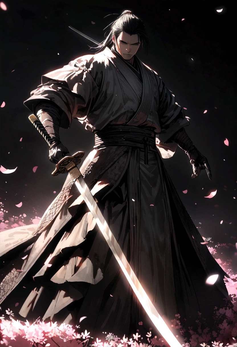 full - length photo,A Japanese swordsman from the Sengoku period holding a katana strikes a beautiful pose among the cherry blossoms,Detailed and complex backgrounds, Sparkling wine, reflective light, ultra high definition, awardwinning, A high resolution, high détail texture, Contrast between light and dark, cinematic lighting, Master Pieces, ray tracing, structurally correct, super details, high qualiy, high détail, best qualityer, 16K