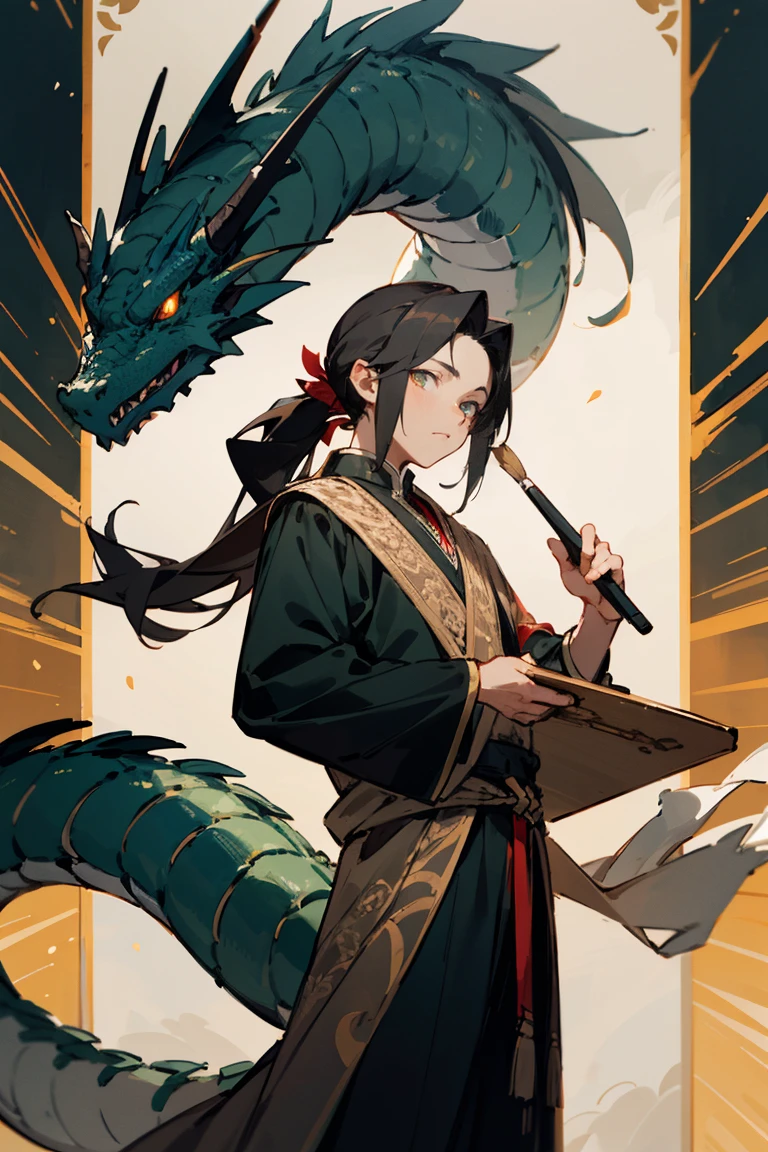 Young boy, Male, dark hair, long hair, ponytail, Majestic, Green eyes, glowing eyes, expensive clothes, Royal clothes, Dragon horns, Dragon tail, holding painting brush