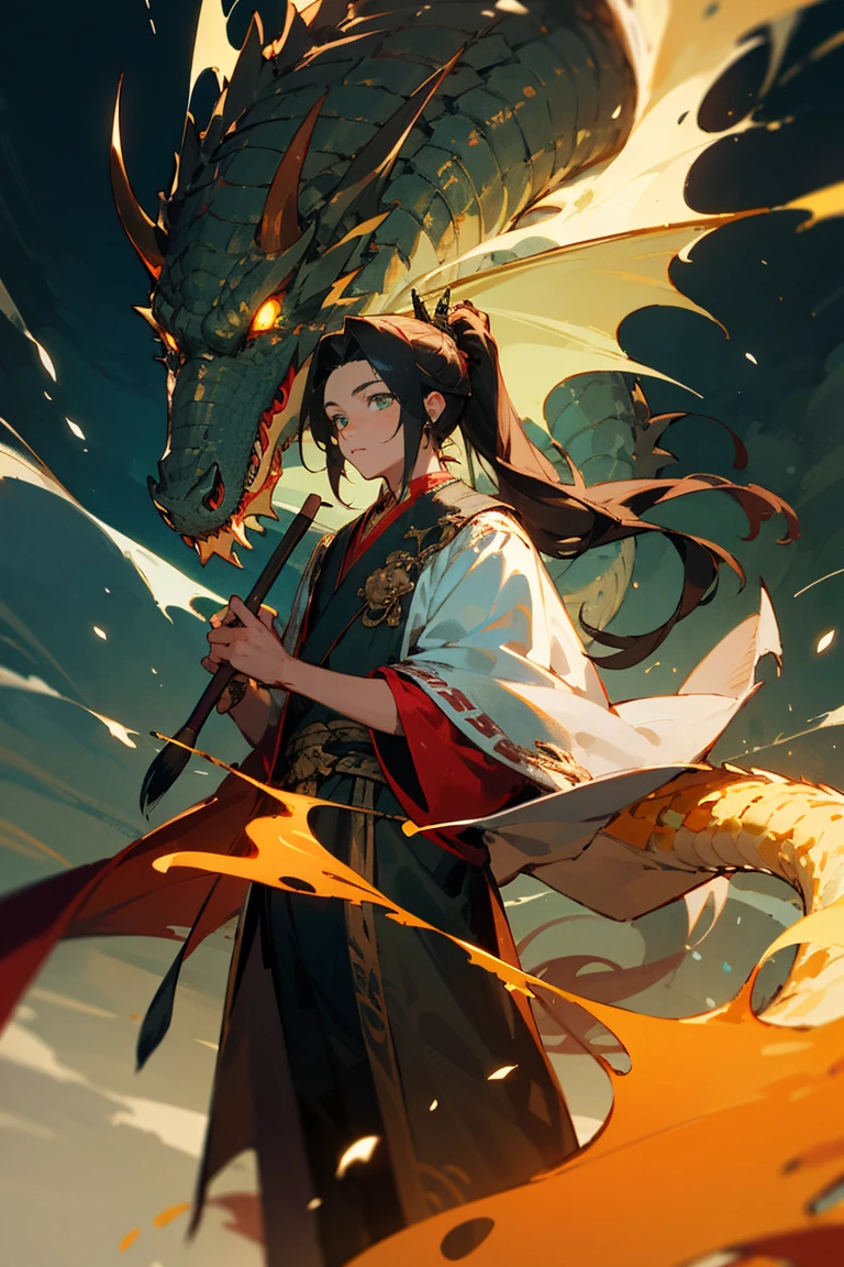Young boy, Male, dark hair, long hair, ponytail, Majestic, Green eyes, glowing eyes, expensive clothes, Royal clothes, Dragon horns, Dragon tail, holding painting brush