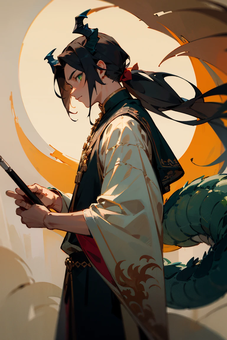 Young boy, Male, dark hair, long hair, ponytail, Majestic, Green eyes, glowing eyes, expensive clothes, Royal clothes, Dragon horns, Dragon tail, holding painting brush