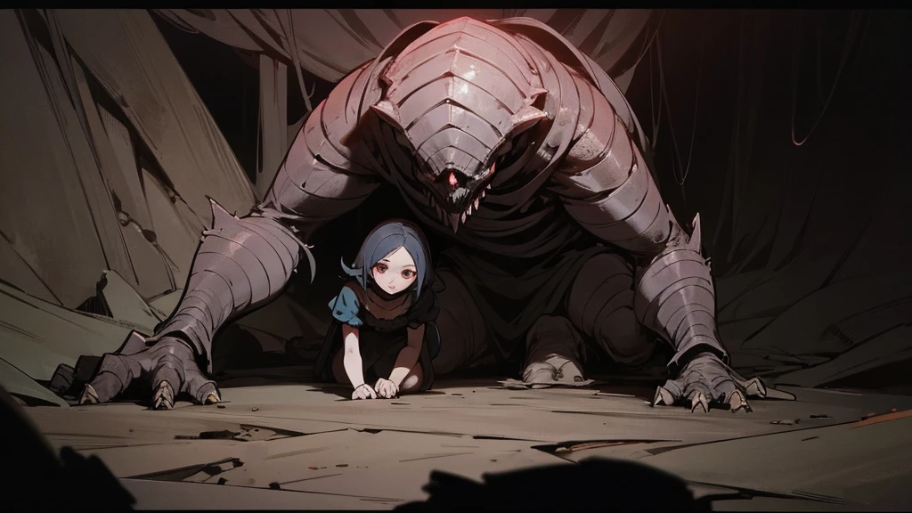 Darkest Dungeon a girl sits with her back to the camera and a monster crawls out from the depths of the cave