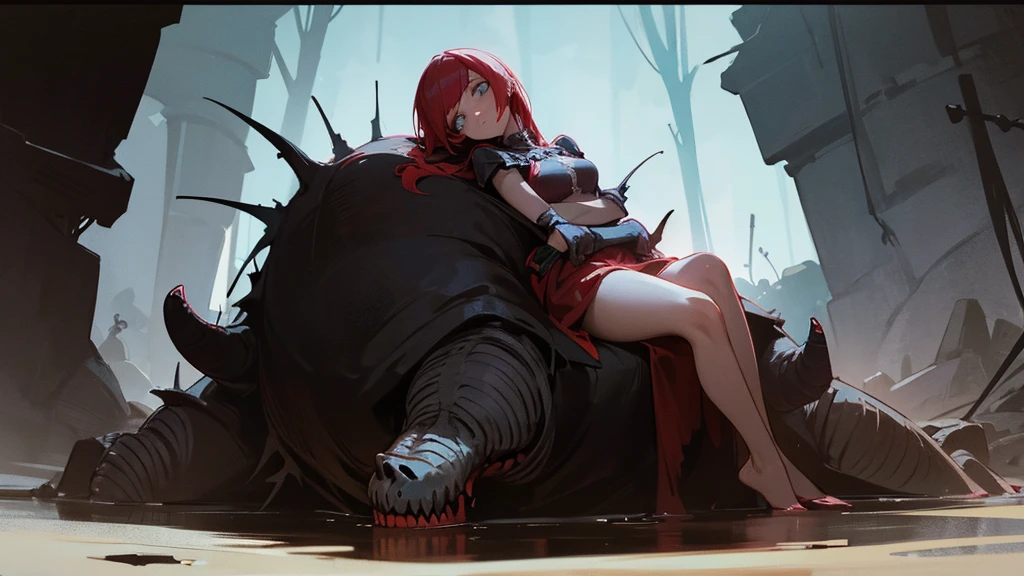 Darkest Dungeon a girl sits with her back to the camera and a monster crawls out from the depths of the cave