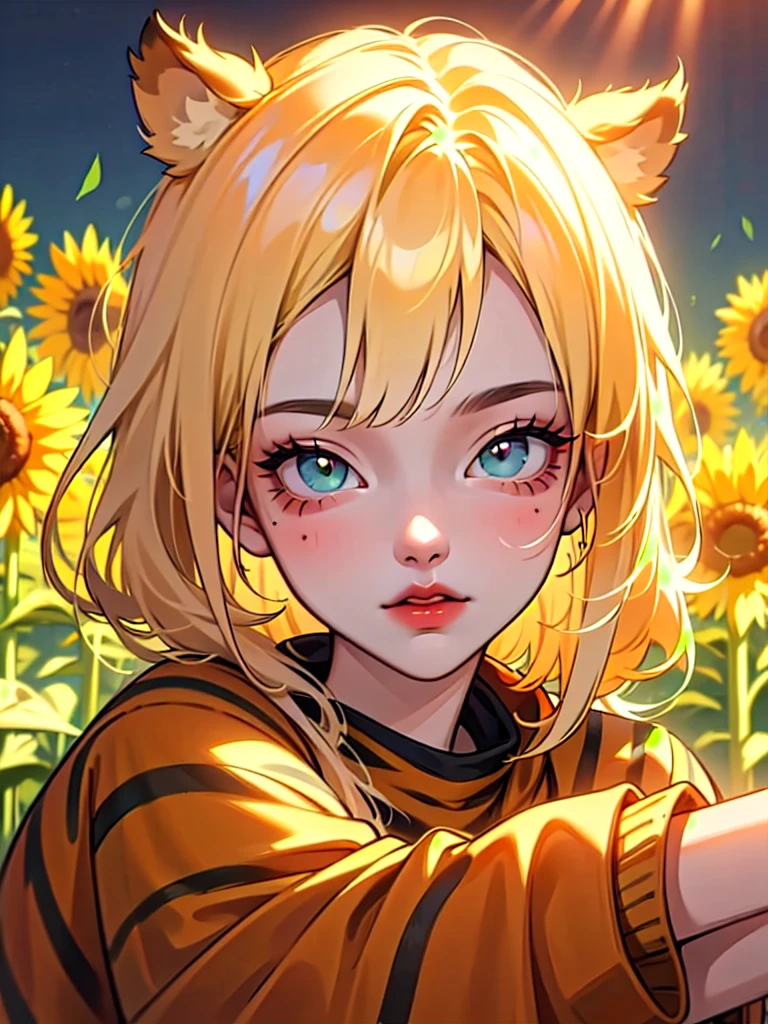 (High quality) (best quality) (A woman) (correct physiognomy) (perfect pupils) (perfect eyes) woman, deep blonde hair, long and fluffy, two tiger cat ears coming out of her head, eyes with heterochromia a light red eye and one eye with white color, sensitive lips, feminine appearance, soft facial features, thin eyebrows, soft skin, rosy cheeks, rosy lips, silky eyelashes, dreamy expression, middle age, youthful clothing, sweatshirt with print tiger, photo illuminated by sunlight, woman in a field of sunflowers