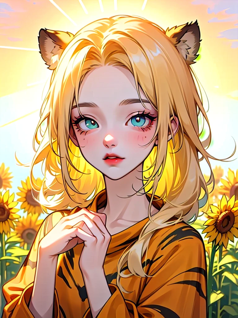 (High quality) (best quality) (A woman) (correct physiognomy) (perfect pupils) (perfect eyes) woman, deep blonde hair, long and fluffy, two tiger cat ears coming out of her head, eyes with heterochromia a light red eye and one eye with white color, sensitive lips, feminine appearance, soft facial features, thin eyebrows, soft skin, rosy cheeks, rosy lips, silky eyelashes, dreamy expression, middle age, youthful clothing, sweatshirt with print tiger, photo illuminated by sunlight, woman in a field of sunflowers