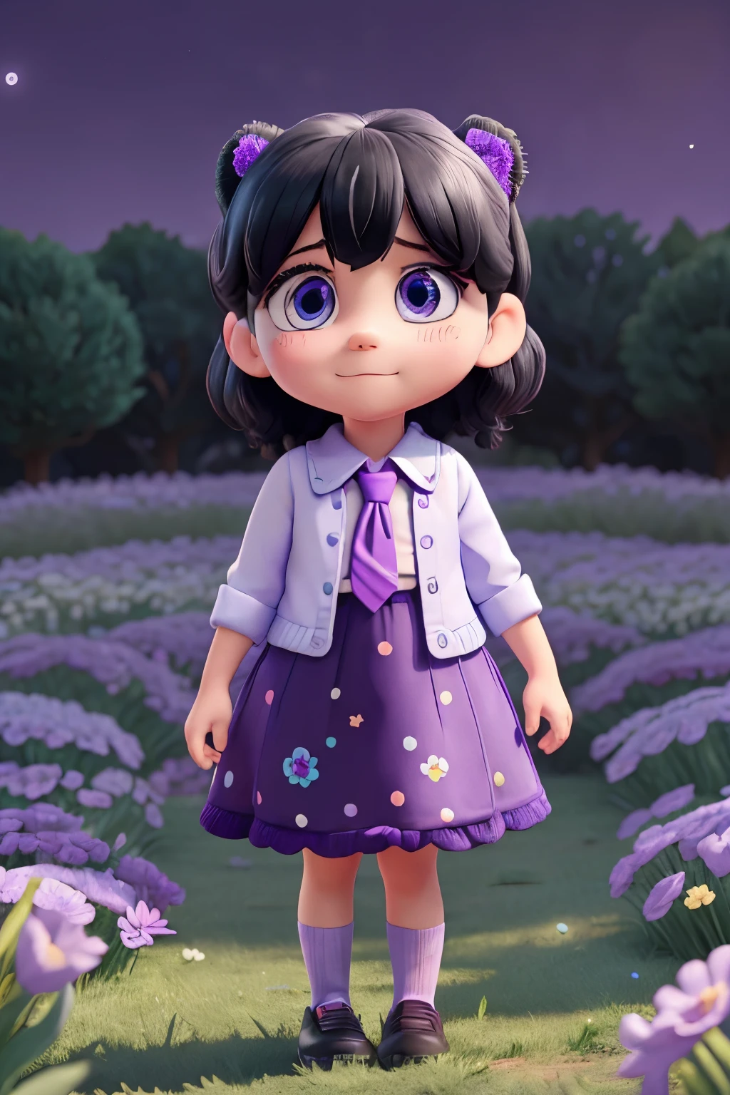 Trixie from the mob psycho 100 in four-year-old baby girl version, black hair with purple sparkles, light blue eyes, flower field background, baby girl drawing art, mob psycho 100 style, simple drawing without shadows or depth.