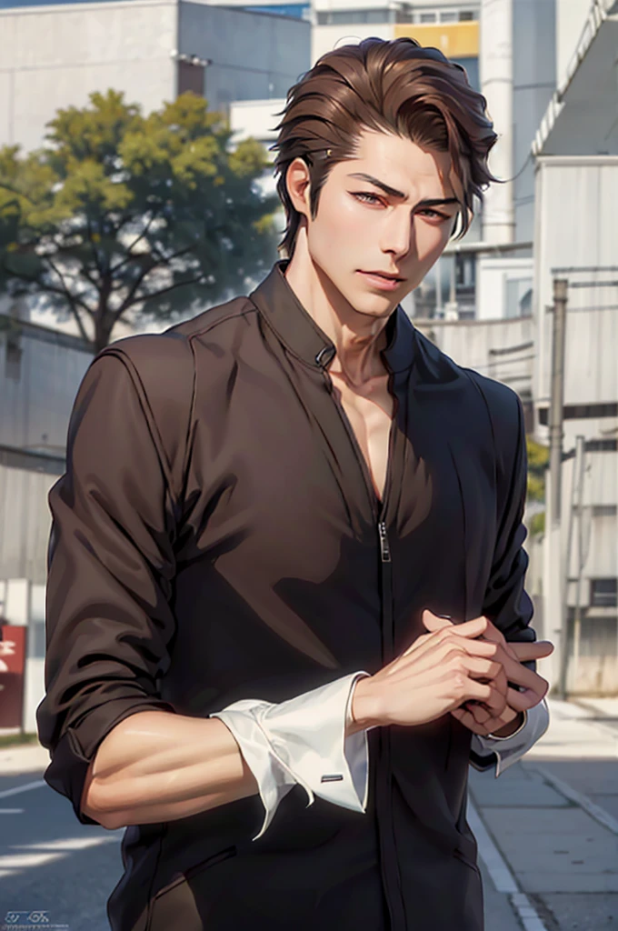 Aizen, (brown hair), black winter male overcoat black clothing,(masterpiece, best quality:1.2), cowboy shot, solo, male focus, 1boy, looking at viewer,dark formal suit, black formal outfit, black coat, walking straight,(photorealistic:1.4), (masterpiece, sidelighting, finely detailed beautiful eyes: 1.2),black leather gloves,masterpiece, best quality, ultra high res, highly detailed,