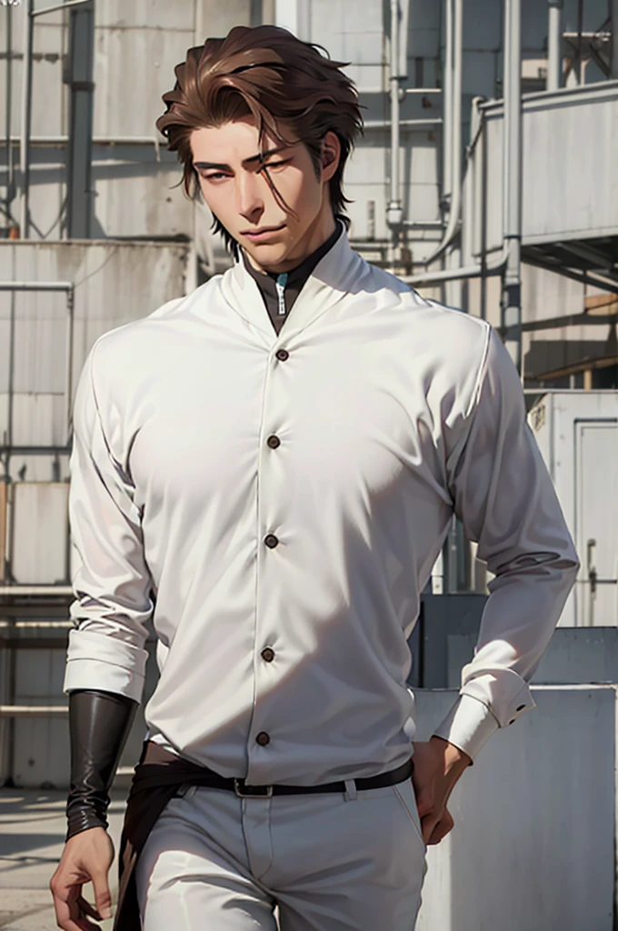 Aizen, (brown hair), black winter male overcoat black clothing,(masterpiece, best quality:1.2), cowboy shot, solo, male focus, 1boy, looking at viewer,dark formal suit, black formal outfit, black coat, walking straight,(photorealistic:1.4), (masterpiece, sidelighting, finely detailed beautiful eyes: 1.2),black leather gloves,masterpiece, best quality, ultra high res, highly detailed,