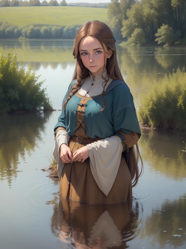 ((best qualityer)), ((work of art)),1womanl, Linda,brownhair, blue eyes of the middle ages seeing their reflection in a lake, ((looking at the lake)).((WITHOUT looking at the camera!!!!))