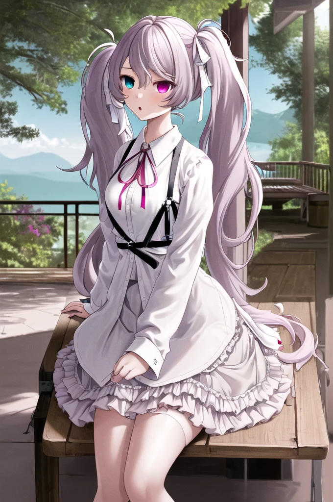 masterpiece, best quality, highres, nigomiku, heterochromia, aqua eyes, pink eyes, white skirt, sitting, table, bench, :o, outdoors