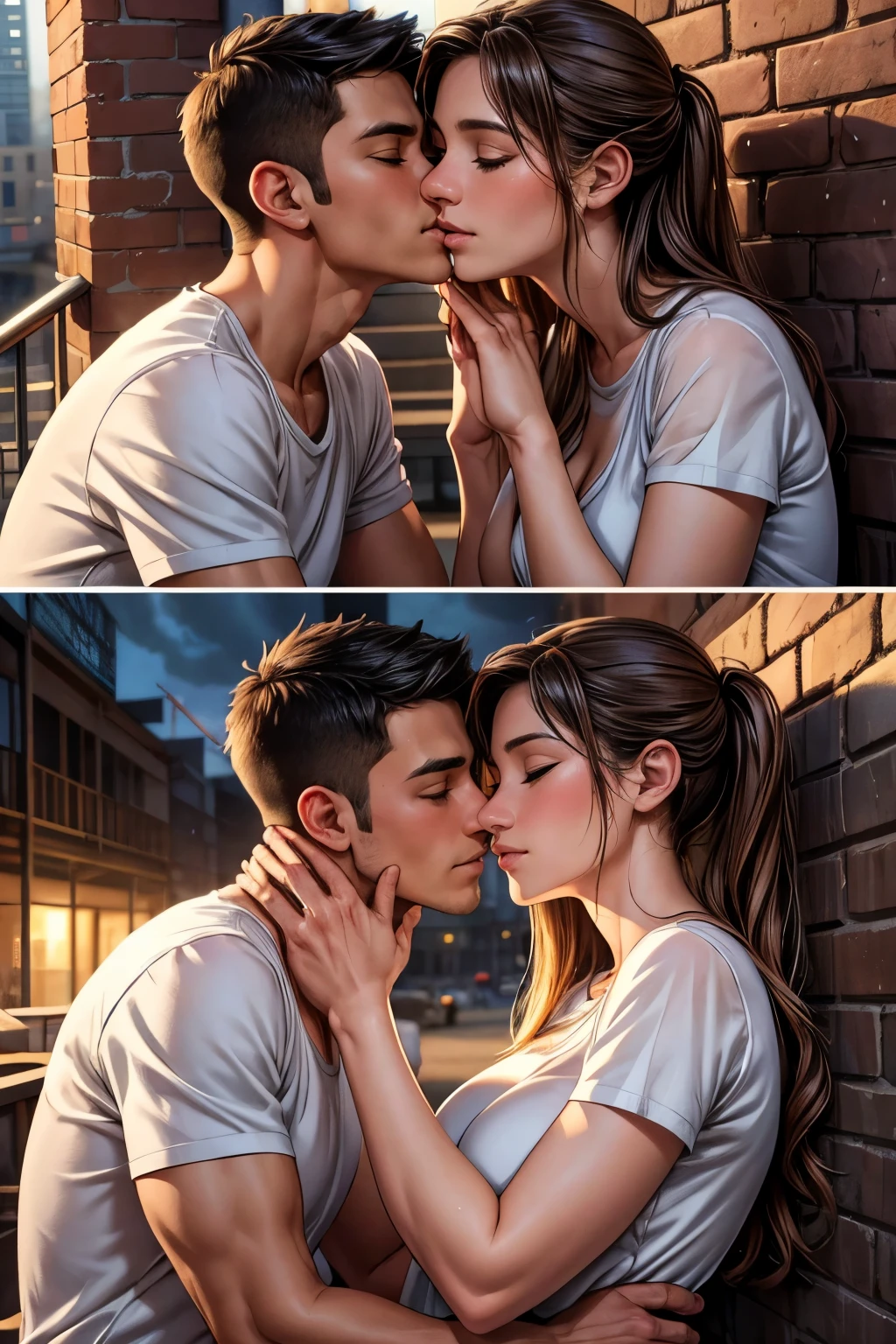 "An illustration of a couple in their mid-30s sharing a secret kiss. They are hidden within a construction site, surrounded by elements such as partially built brick walls, scaffolding, and various construction tools. The focus should be on their faces and hands, capturing their expressions of love and intimacy with detailed and realistic features. Their faces should be close, eyes gently closed, and their mouths perfectly depicted in a tender kiss. Additionally, their hands should be delicately and realistically drawn, with one of them gently holding the other’s face or neck, emphasizing their deep connection. The drawing style should be detailed and realistic, with soft and warm colors to enhance the romantic atmosphere of the scene."