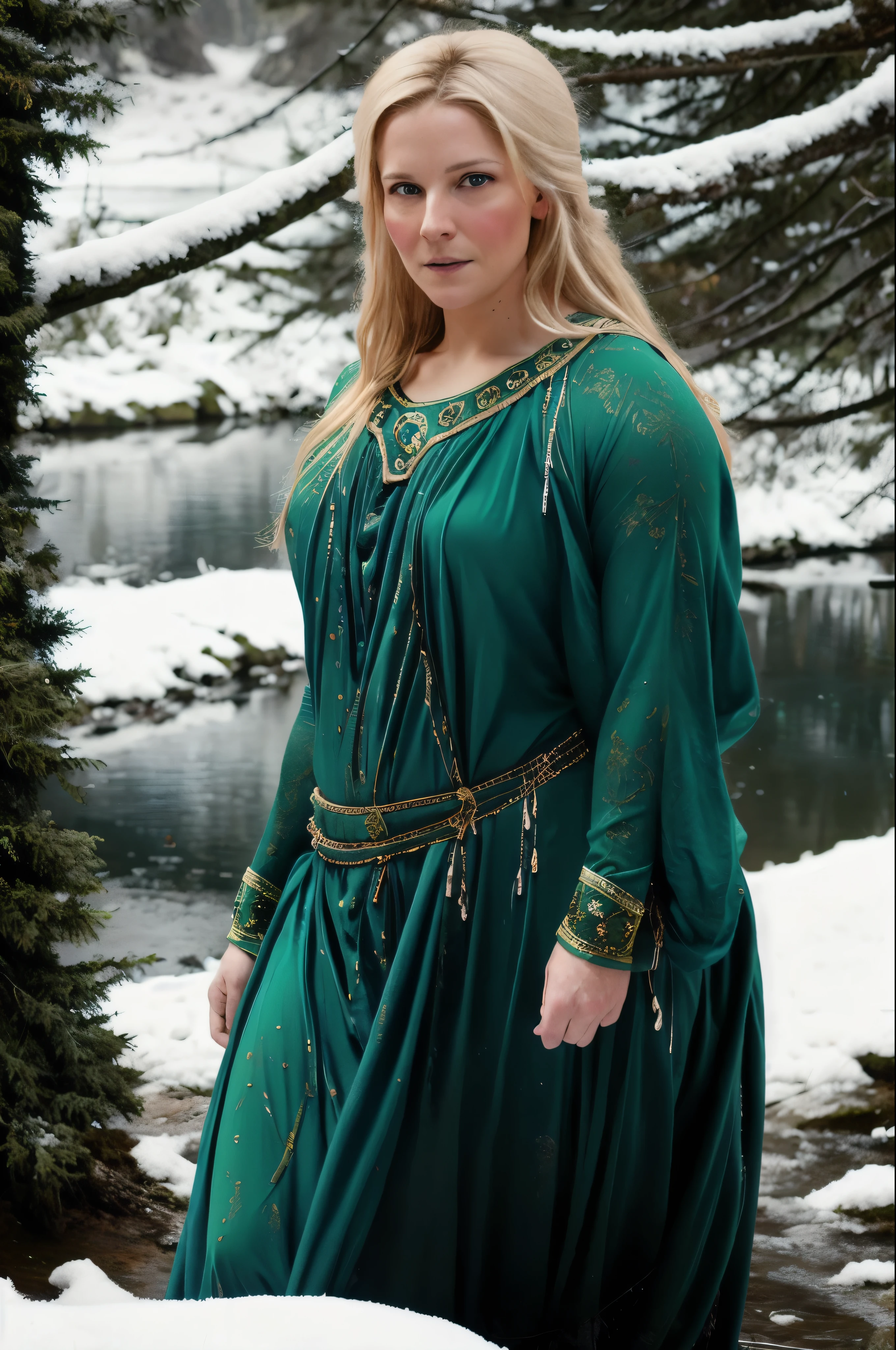 portrait painting of 1girl, 45 years old Woman, thick figure, heavy physique, Full figured woman, galadriel, elf, blonde hair, blue eyes, green dress,detailed skin, fantasy, snowy nordic forest, modelshoot style, (extremely detailed CG), photo of beautiful artwork, (Antonio Moro), (Jeremy Mann), High Detail, Sharp focus, dramatic, oil painting, realistic  