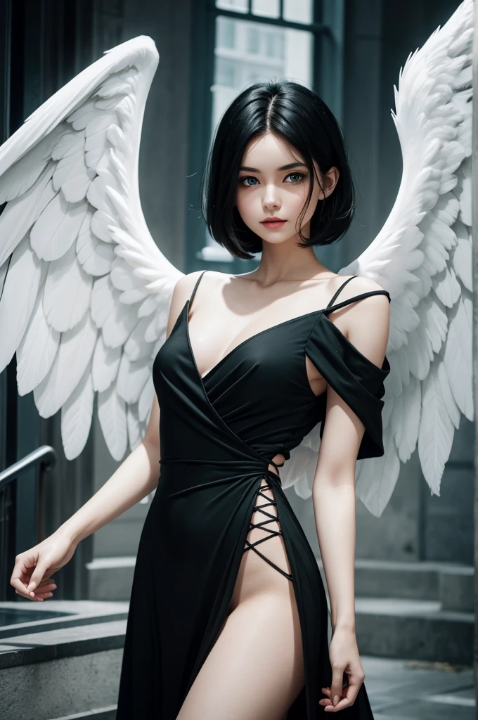 angel woman with white skin, green eyes, short shoulder-length black hair, black angel wings, wearing a beautiful black dress
