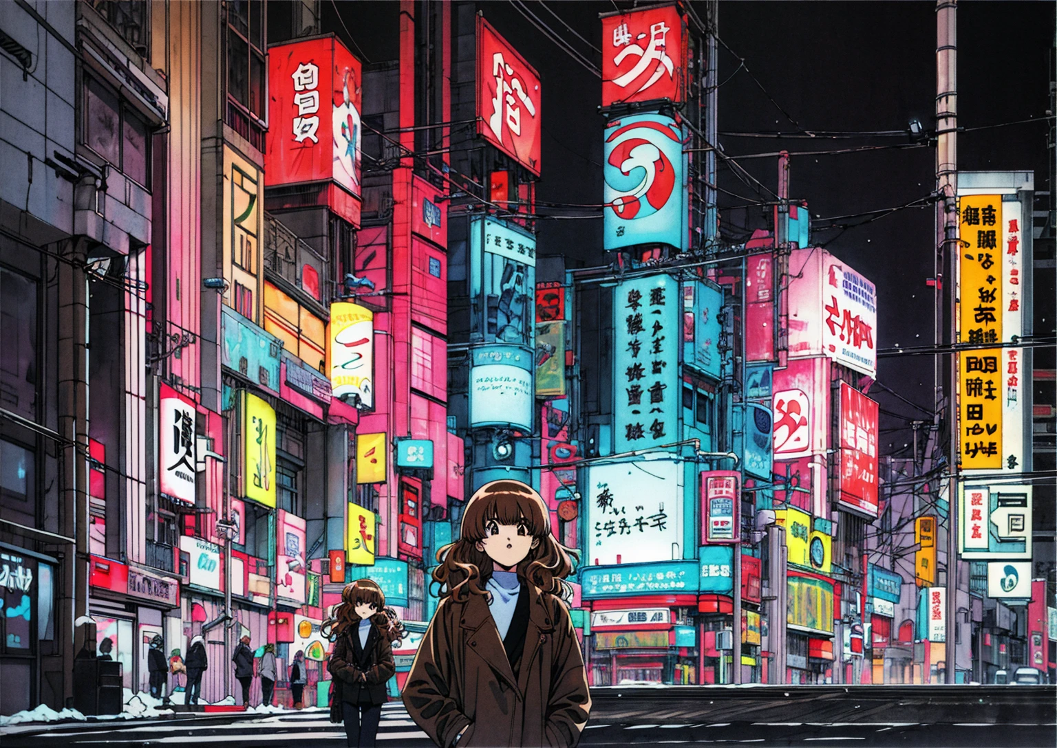 Taiga Aisaka standing on the street in Tokyo, (night), winter, (neon lights), VHS, vintage, manga style, snow, black background, (bangs), wavy hair, glitch art, light brown hair, 90's, 1girl