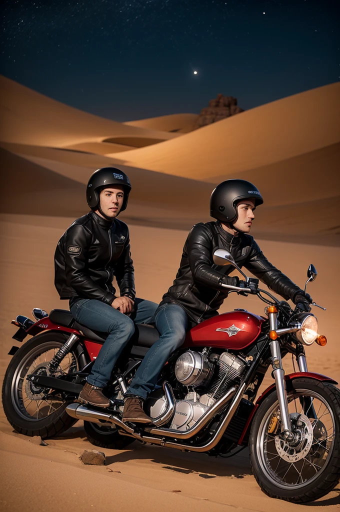 Two custon motorcycles in the night desert 