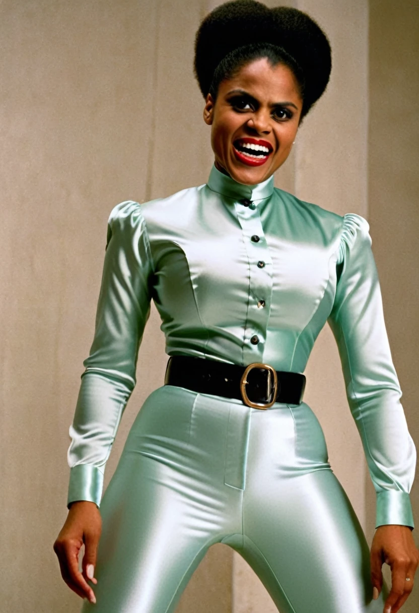 closeup shot in 1960, (muscular evil angry Zazie Beetz showing closed teeth with flared nostrils and furrowed brows:1.5) in a (closed satin skintight buttondown band collar blouse with large shoulder-pads and extremely tight belt:1.6), tight hairbun, silk gloves, (widened eyes), (muscular arms), subtle evil stare with flared nostrils, large shoulder-pads, (evil laugh), skintight satin pants defining her body, uptight, popped collar, stiff posture
