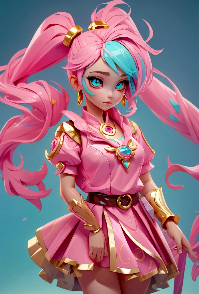 Masterpiece, high quality, 1 girl, pink and turquoise hair, long with a pigtail, gold eyes. With magical girl clothes.