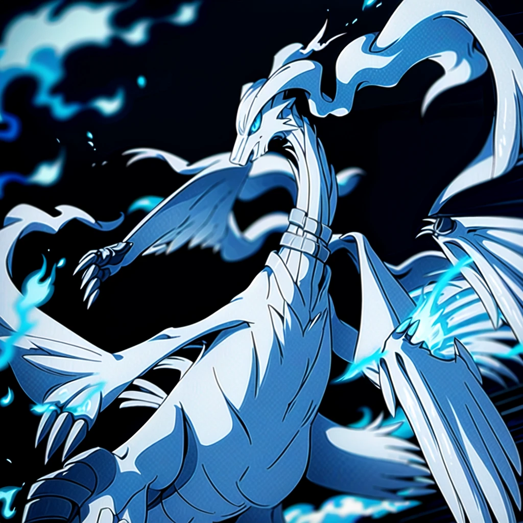 ((masterpiece,best quality)), absurdres,
,
Reshiram, 
blue eyes, blue fire, claws, fire, from below, grey background, no humans, simple background, glowing eyes, bokeh