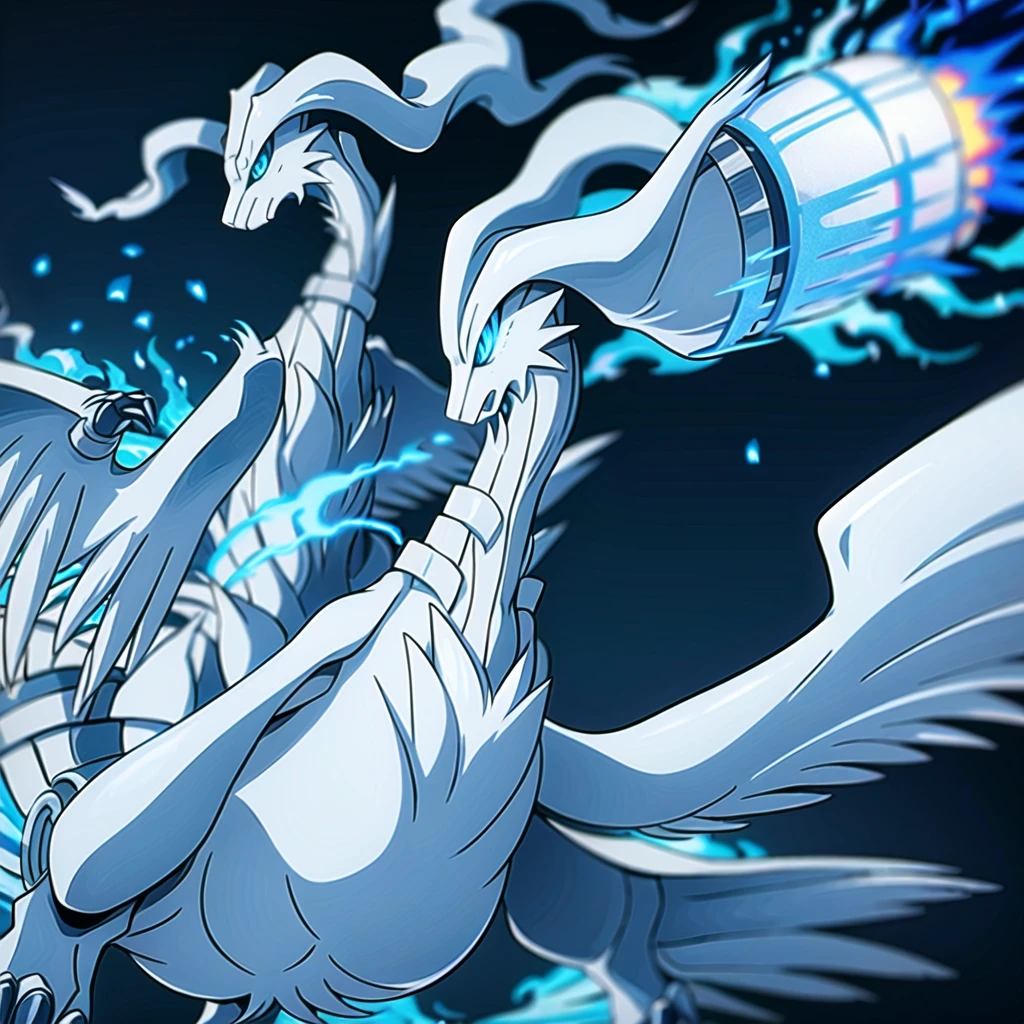 ((masterpiece,best quality)), absurdres,
,
Reshiram, 
blue eyes, blue fire, claws, fire, from below, grey background, no humans, simple background, glowing eyes, bokeh