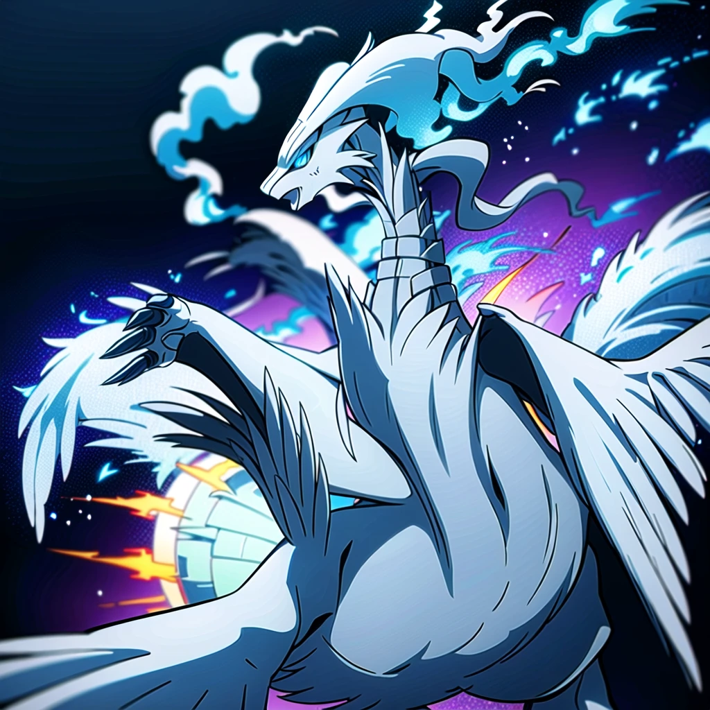 ((masterpiece,best quality)), absurdres,
,
Reshiram, 
blue eyes, blue fire, claws, fire, from below, grey background, no humans, simple background, glowing eyes, bokeh