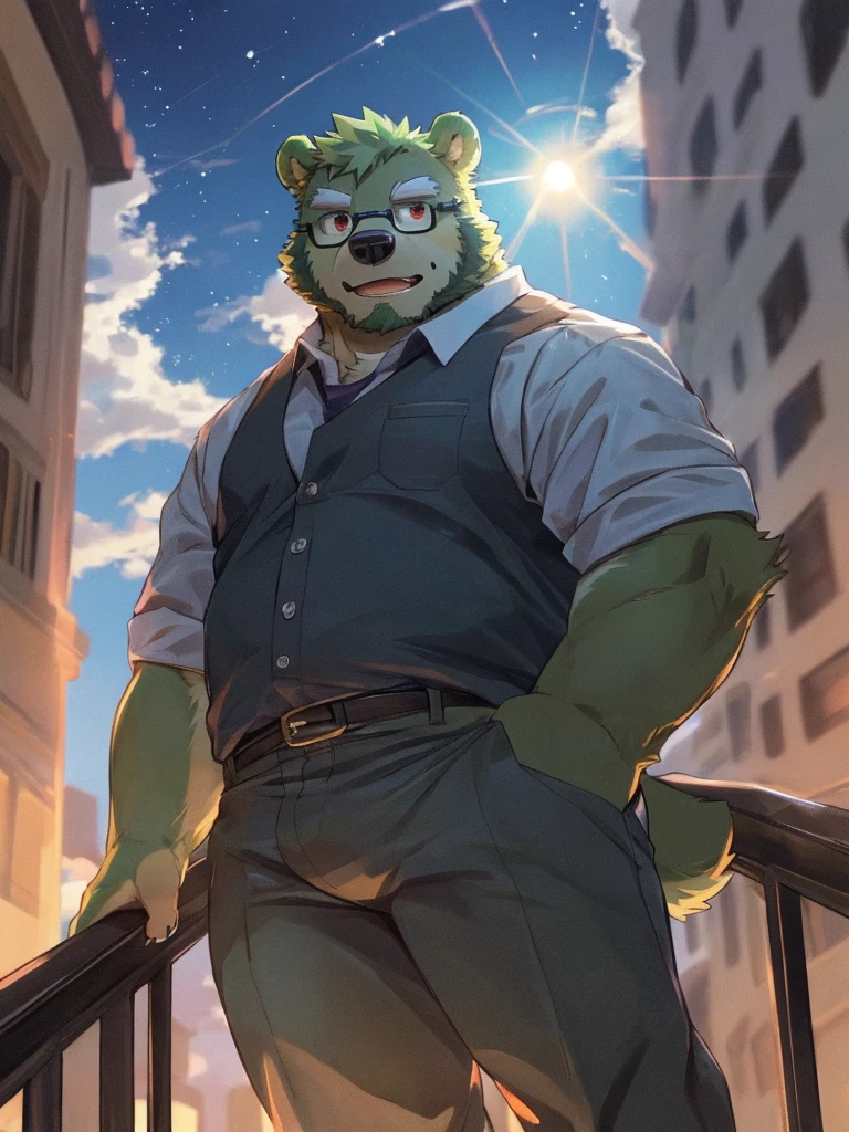 bara, furry, furry_male,male focus,muscular male, anthro, kemono, male, solo, glasses, (((green bear))), (((green fur))), green hair, red eyes, beard, white eyebrows, 1boy, solo,looking at viewer, jinpei,
daily outfit,informal clothes, casual clothes, shirt and pants,
detail background, sky, scenery, cloud, building, outdoors, railing, star (sky), city, cloudy sky, from below, blurry, starry sky, standing, wide shot, sunlight, depth of field,