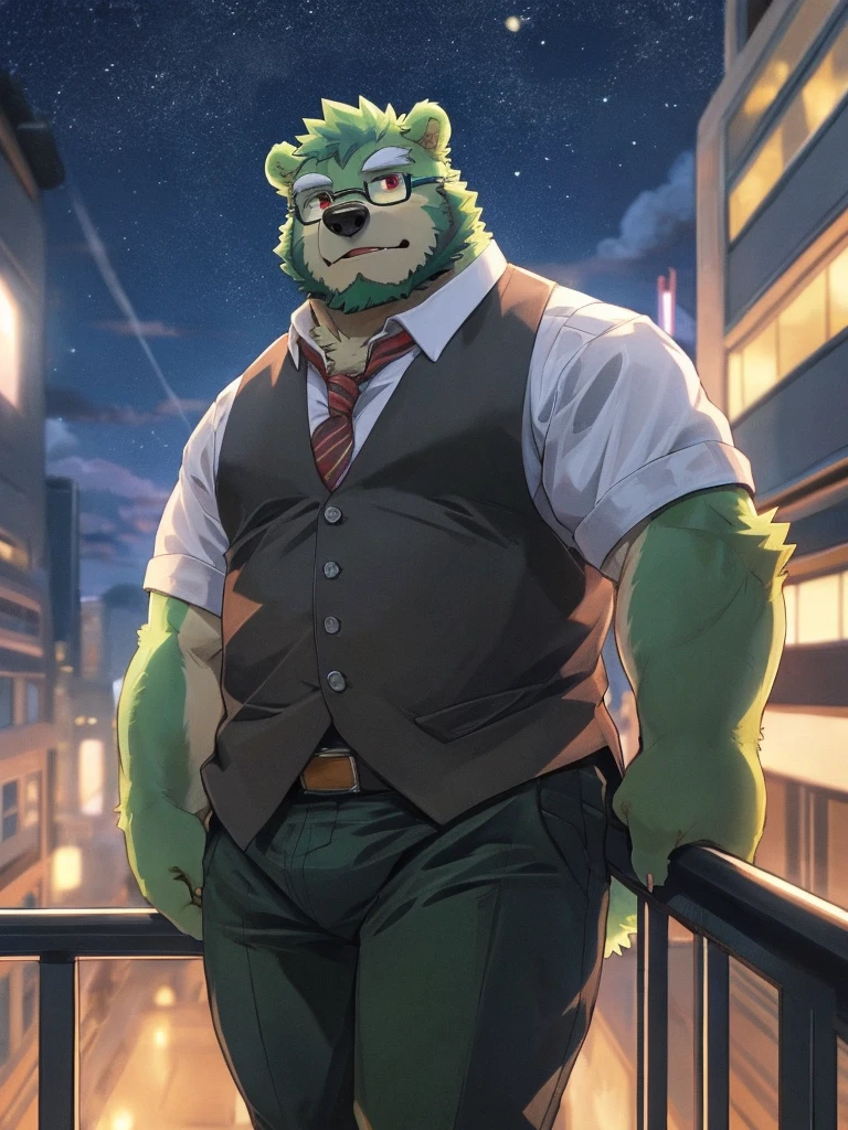 bara, furry, furry_male,male focus,muscular male, anthro, kemono, male, solo, glasses, (((green bear))), (((green fur))), green hair, red eyes, beard, white eyebrows, 1boy, solo,looking at viewer, jinpei,
daily outfit,informal clothes, casual clothes, shirt and pants,
detail background, sky, scenery, cloud, building, outdoors, railing, star (sky), city, cloudy sky, from below, blurry, starry sky, standing, wide shot, sunlight, depth of field,